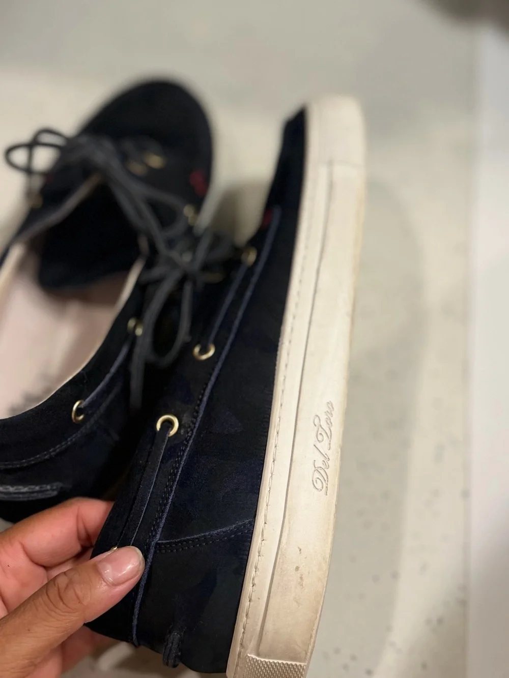 Del Toro Navy Suede Camouflage Boat Shoes with Gold Eyelets